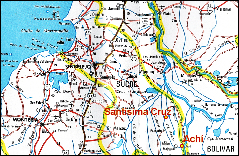 map showing a part of inland
              coastal Colombia with Achí just 20 miles up the Rio
              Mojana from Santisima Cruz