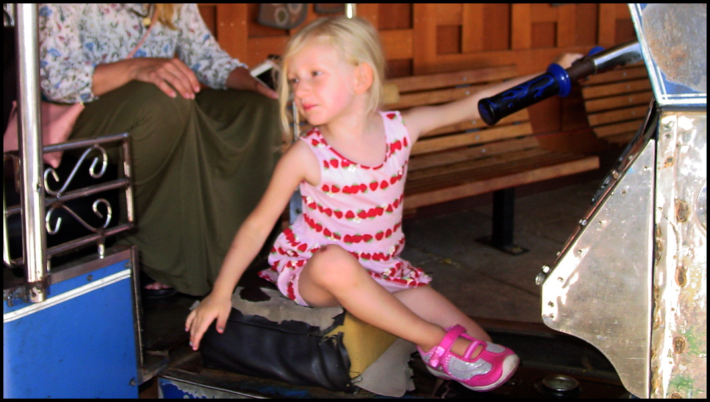 4-year-old blonde girl pretends to drive a scooter at
            the zoo