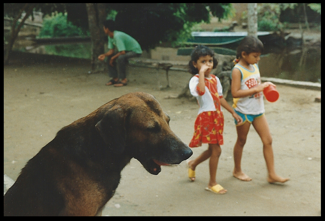 Yazmín's dog, 2 little
              girls on camino, the canal, and the neighborhood men's
              bench