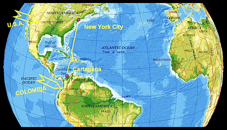 map of western half of globe
              showing Cartagena, New York and flight route avoiding
              Cuba