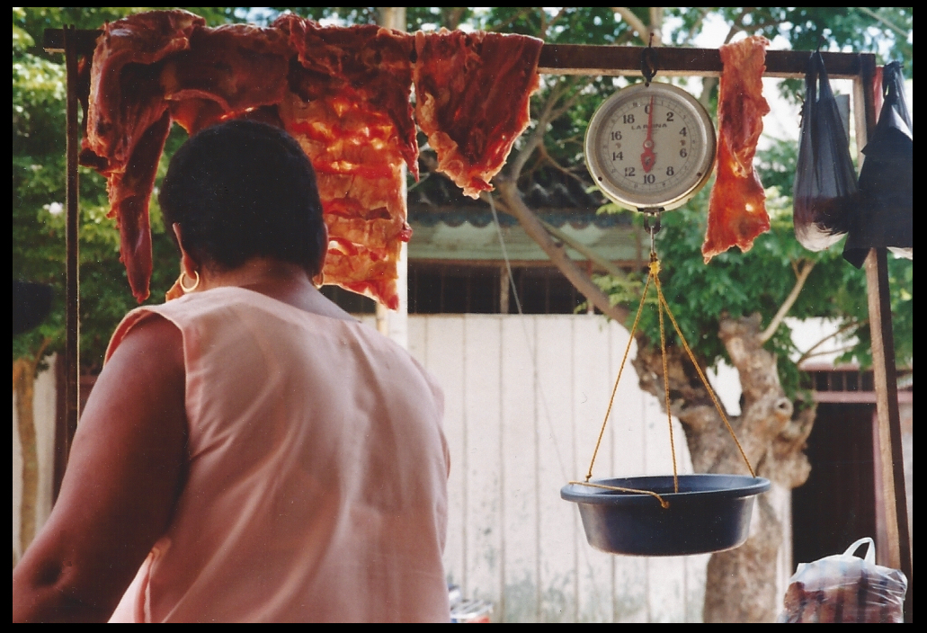 meat hanging in open air as
              Victoria, seen from back, busies herself with something on
              the counter of the meat stall