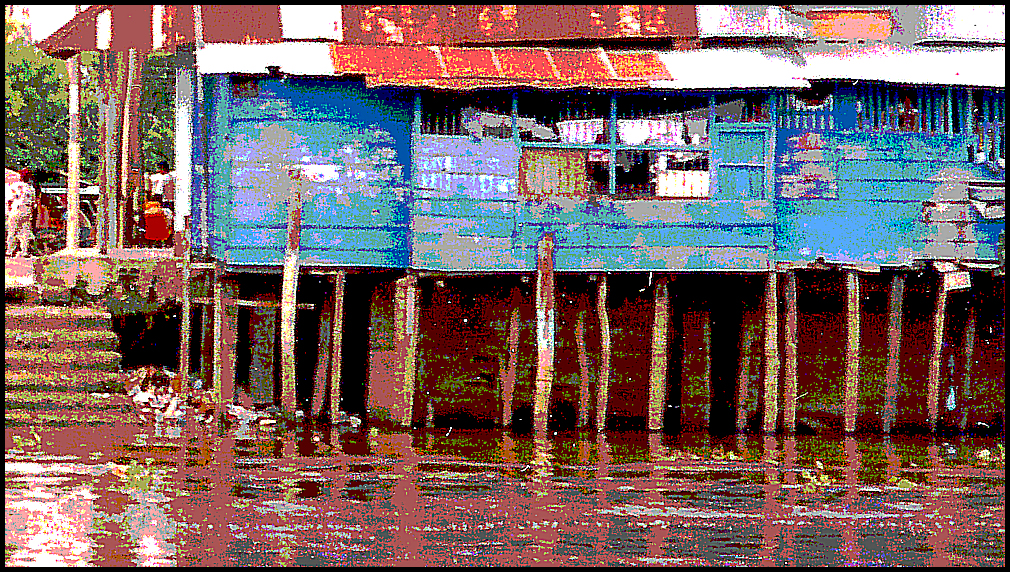 blue house on piles at main
            codks, including strung laundry inside enclosed porch