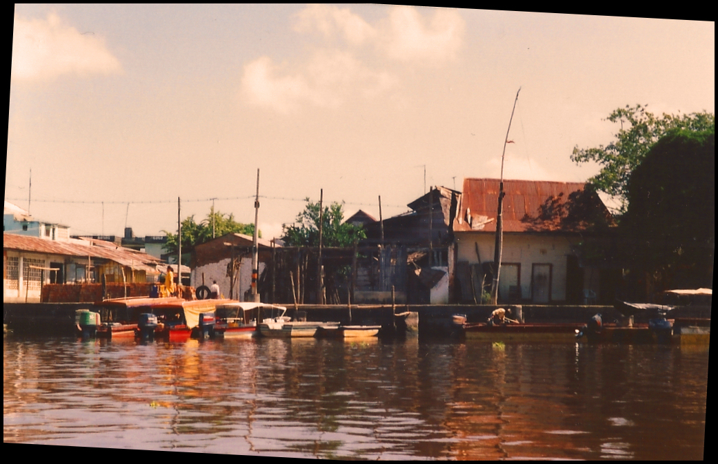 multicolored launches and rowboats tied to embankment
            dock, and above them tin-roofed house and boat shacks