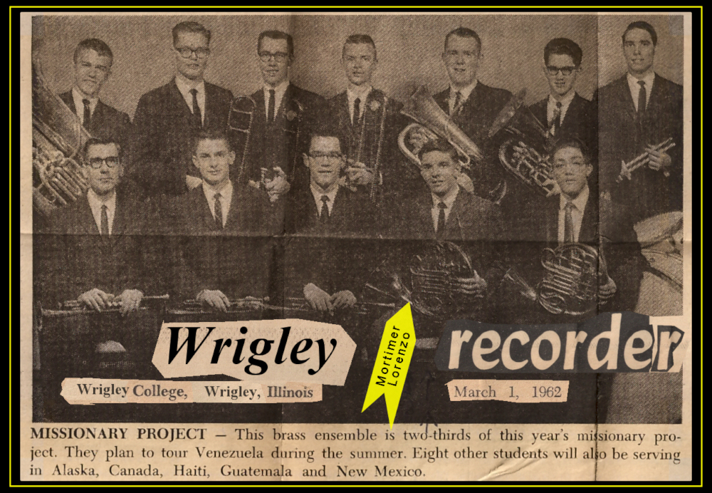 black and old-white newspaper
              photo of 12-member Wrigley College brass ensemble 1962
              with 'Mortimer Lorenzo' holding French horn