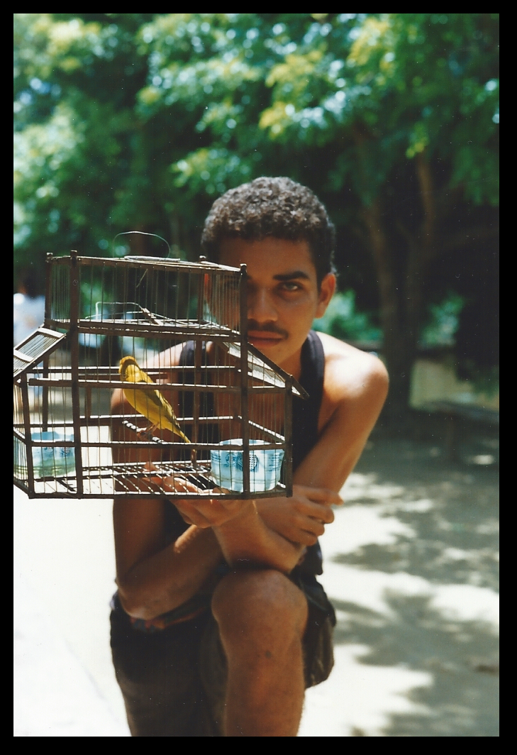 close-up of teen kneeling on
              camino presenting his caged yellow canary