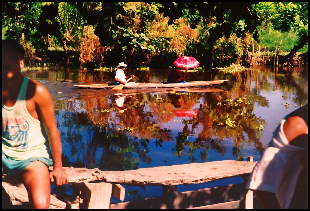 lady with parasol being paddled
            in dugout, all including lush bank foliage reflected in deep
            blue stream