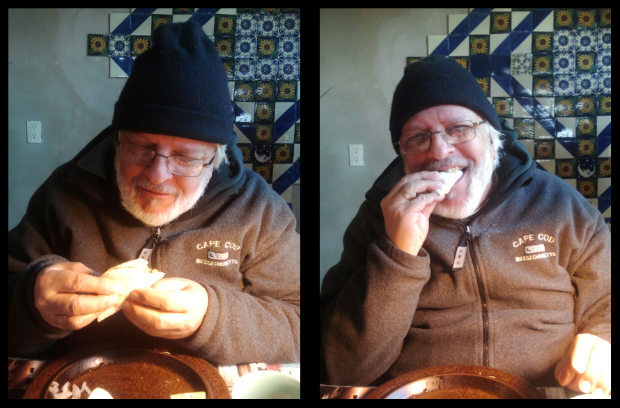 Dr. Lorenzo
              before and during eating a carnitas taco