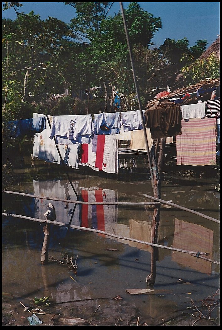 laundry on line reflected in
              Santisima Cruz yard floodwater