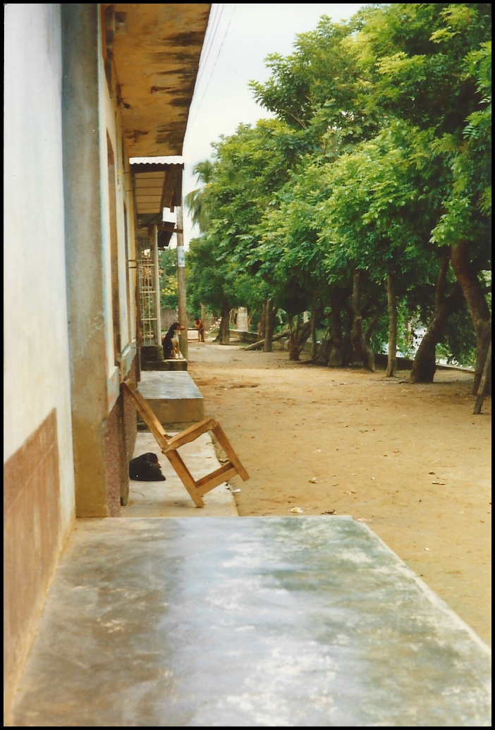 row of canalside rowhouses
              and porches, empty camino, trees, and a glimpse of bluish
              canal