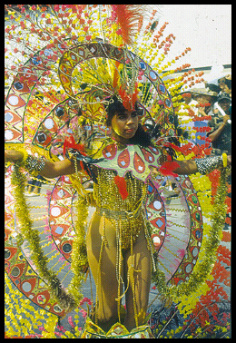 spectacular yellow mummer's
              outfit on woman hiding little