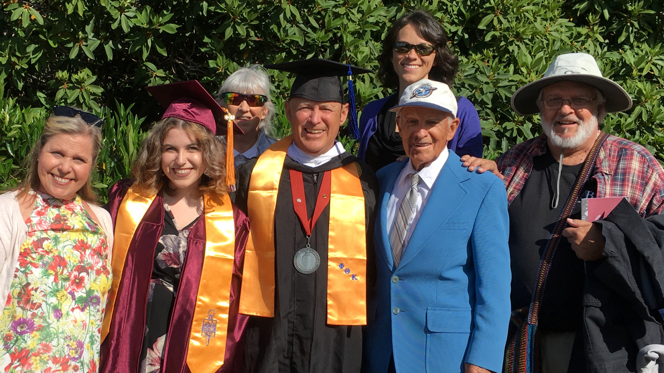 Dr. Lorenzo with his young graduating
          cousin in robe, plus her parents and grandfather, her aunt and
          cousin