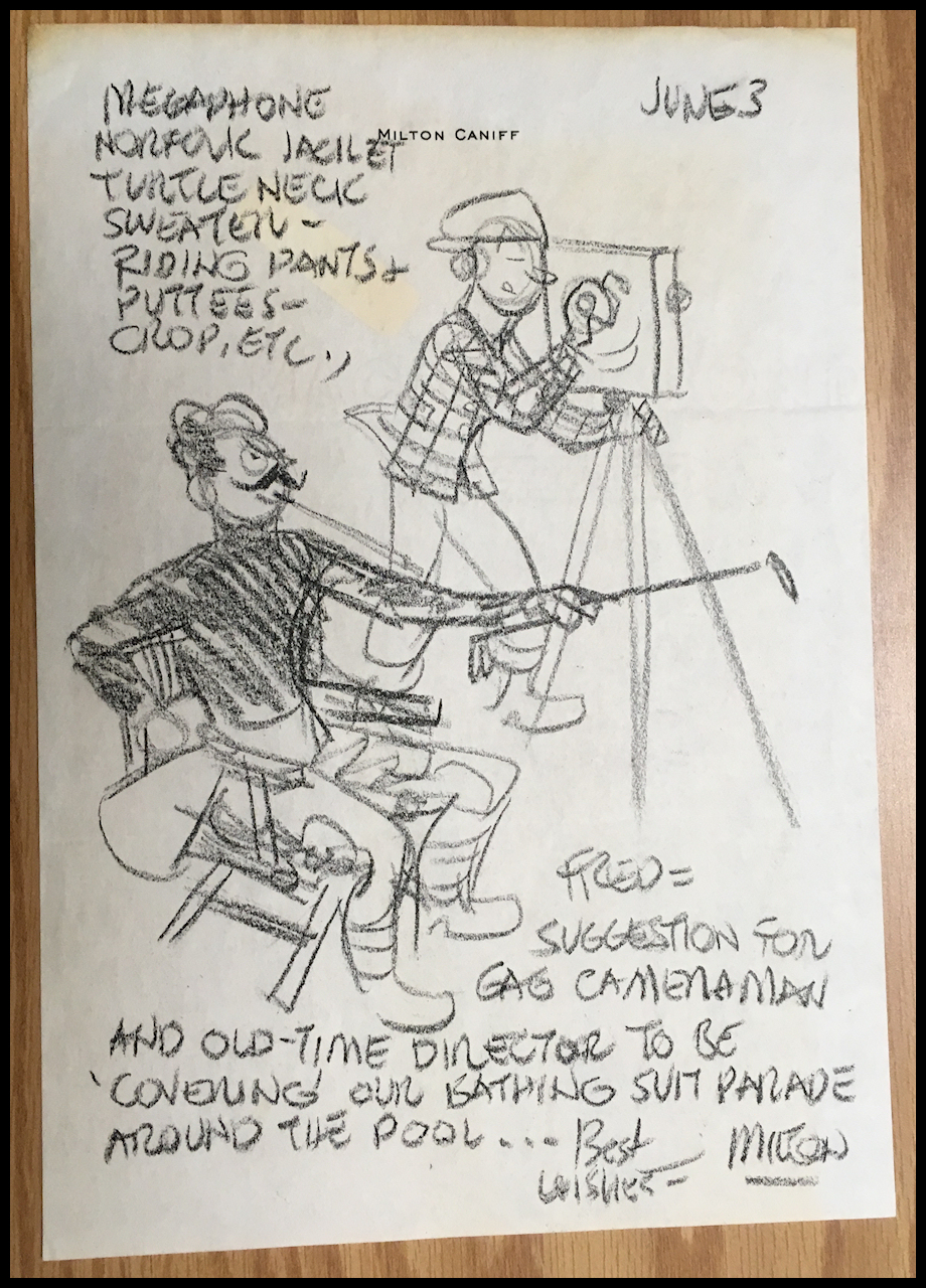 Caniff black chalk drawing on his own
              letterhead for Fred: British-looking 'director' and
              cameraman