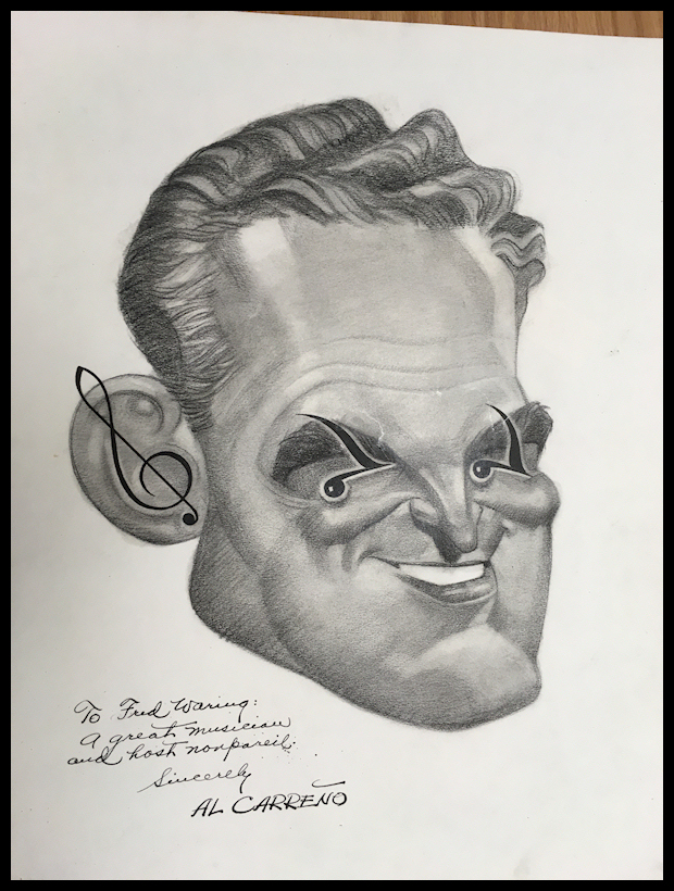 cartoon by Carreño of Fred Waring's face, a
              treble clef symbol in his ear, and musical notes in his
              eyes