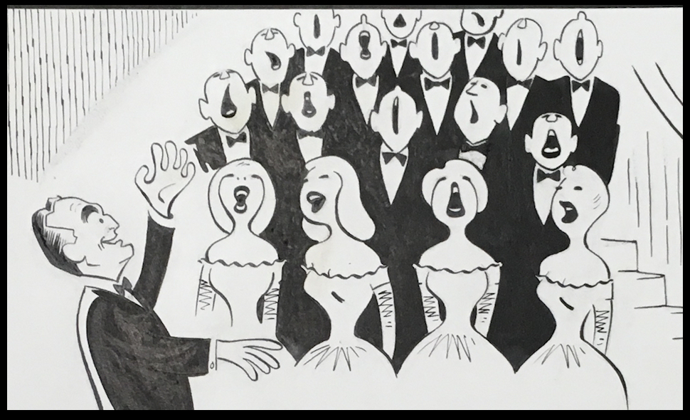 portion of a cartoon by Casson showing Fred Waring
              conducting widely open-mouthed singers