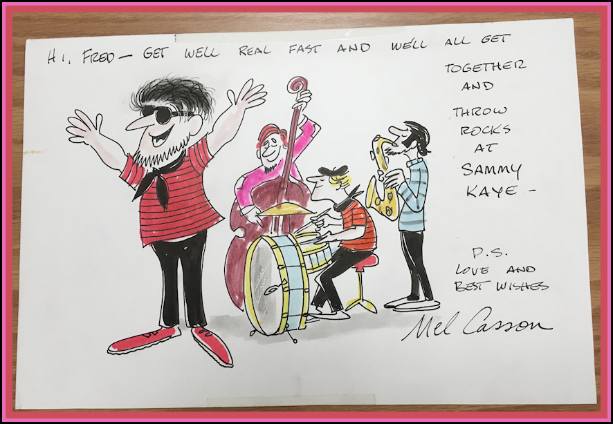 color cartoon:
              4 beatniks are a band: singer, bass violin, drums and sax