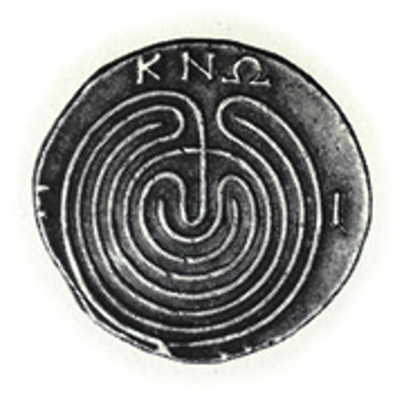 black and white photo: on an ancient
              Cretan coin a labyrinth with only one way in and out and
              the Greek letters ΚΝΩ