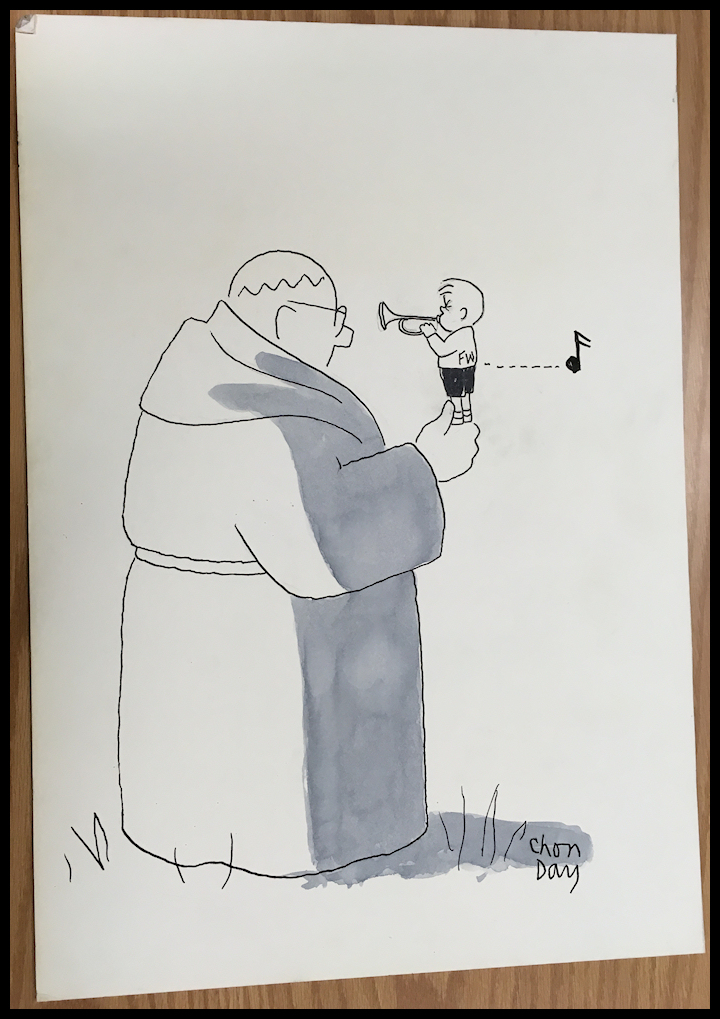 black and
                white drawing: bugle-tooting child in FW shirt stands on
                outheld finger of a Franciscan monk tooting in his face