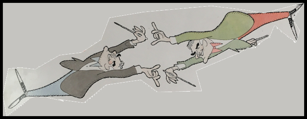 portion of a color cartoon by Harry Devlin
              showing Fred Waring conducting