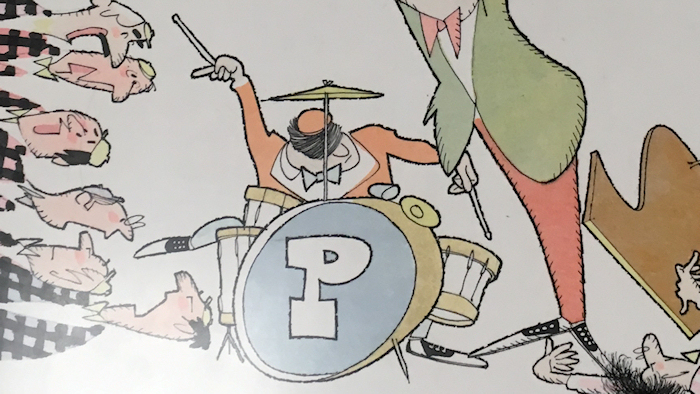 portion of a
              color cartoon by Harry Devlin showing the Waring and
              Pennsylvanians' drummer and parts of other musicians