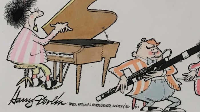 portion of a color cartoon by Harry Devlin showing
              the pianist and bassoonist of Fred Waring's
              Pennsylvanians