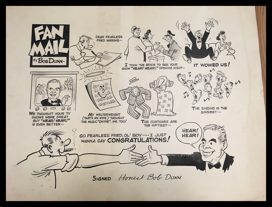 cartoon story by Bob Dunn about
                  his going to Fred's 'Hear Hear' show on Broadway