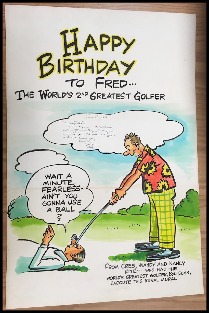 color
                cartoon by Bob Dunn of Fred Waring chipping a golf ball
                off a supine opponent's nose