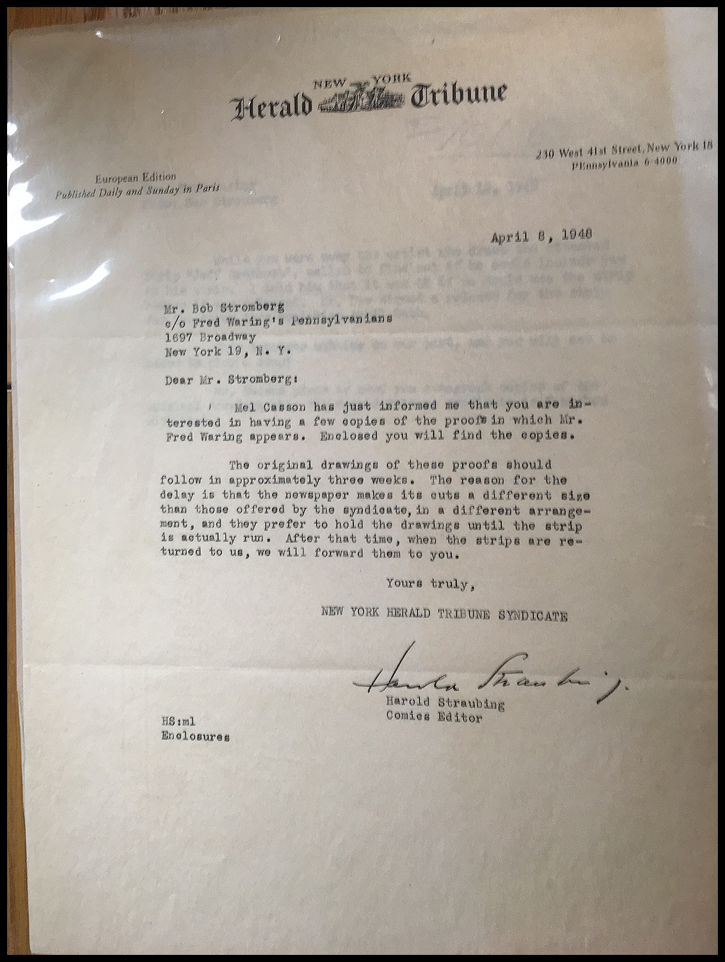 letter from Herald Tribune to
            Fred Waring explaining that the Mel Casson cartoon proofs
            which Fred requested (about himself) will be sent shortly