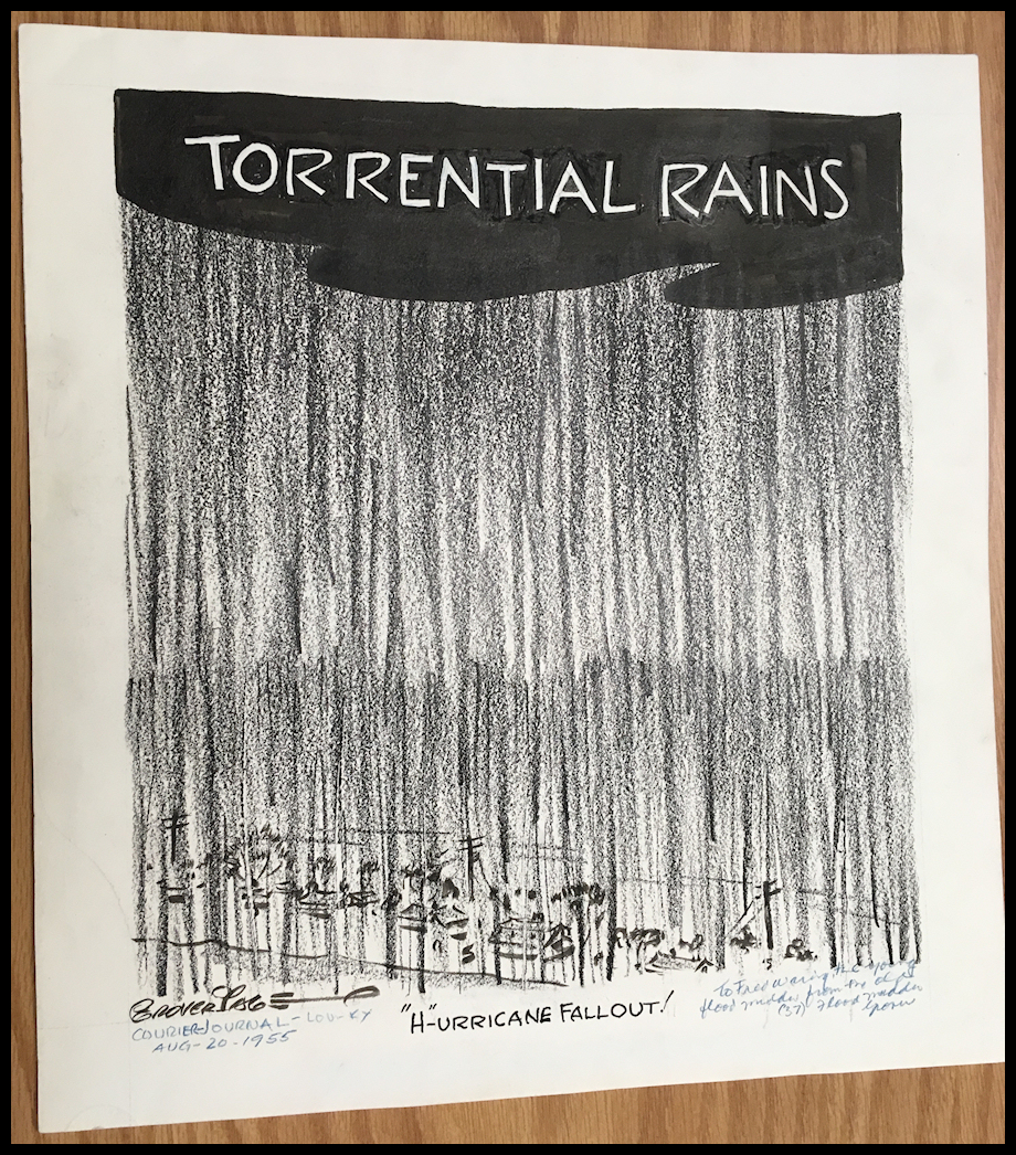 black and white chalk drawing of huge sky of heavy
              rain falling on a row of tiny houses