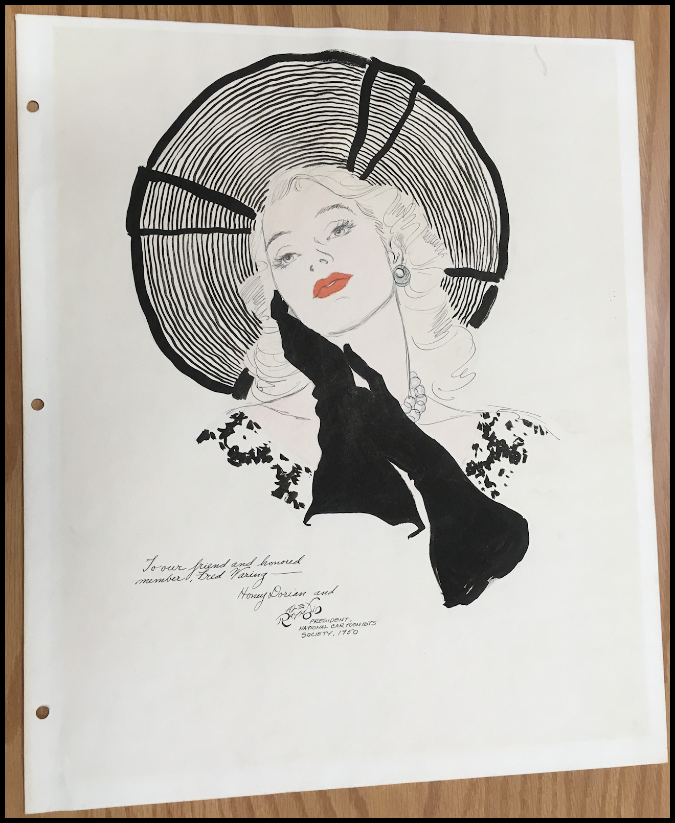 Alex Raymond's
              art-deco-style depiction of a lovely woman in big hat,
              black and white except rouge lipstick