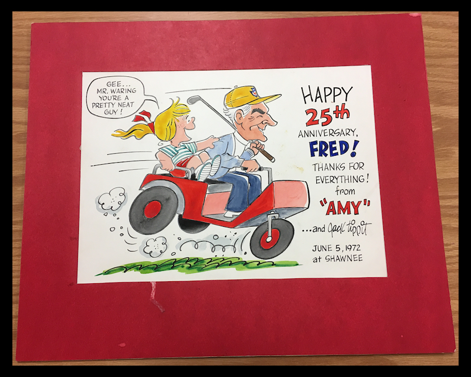 Tippit color cartoon: Fred bouncing wildly in a red
              golfcart with little Amy from Tippit's cartoon strip