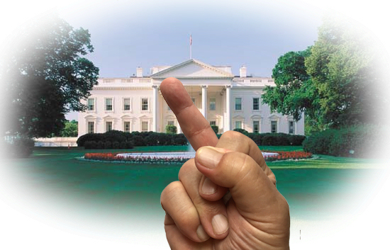 foreground very
              clear finger, background White House