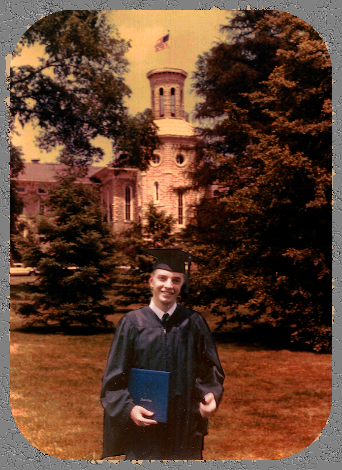 mj in black cap and gown in
              front of college-hall-type tower