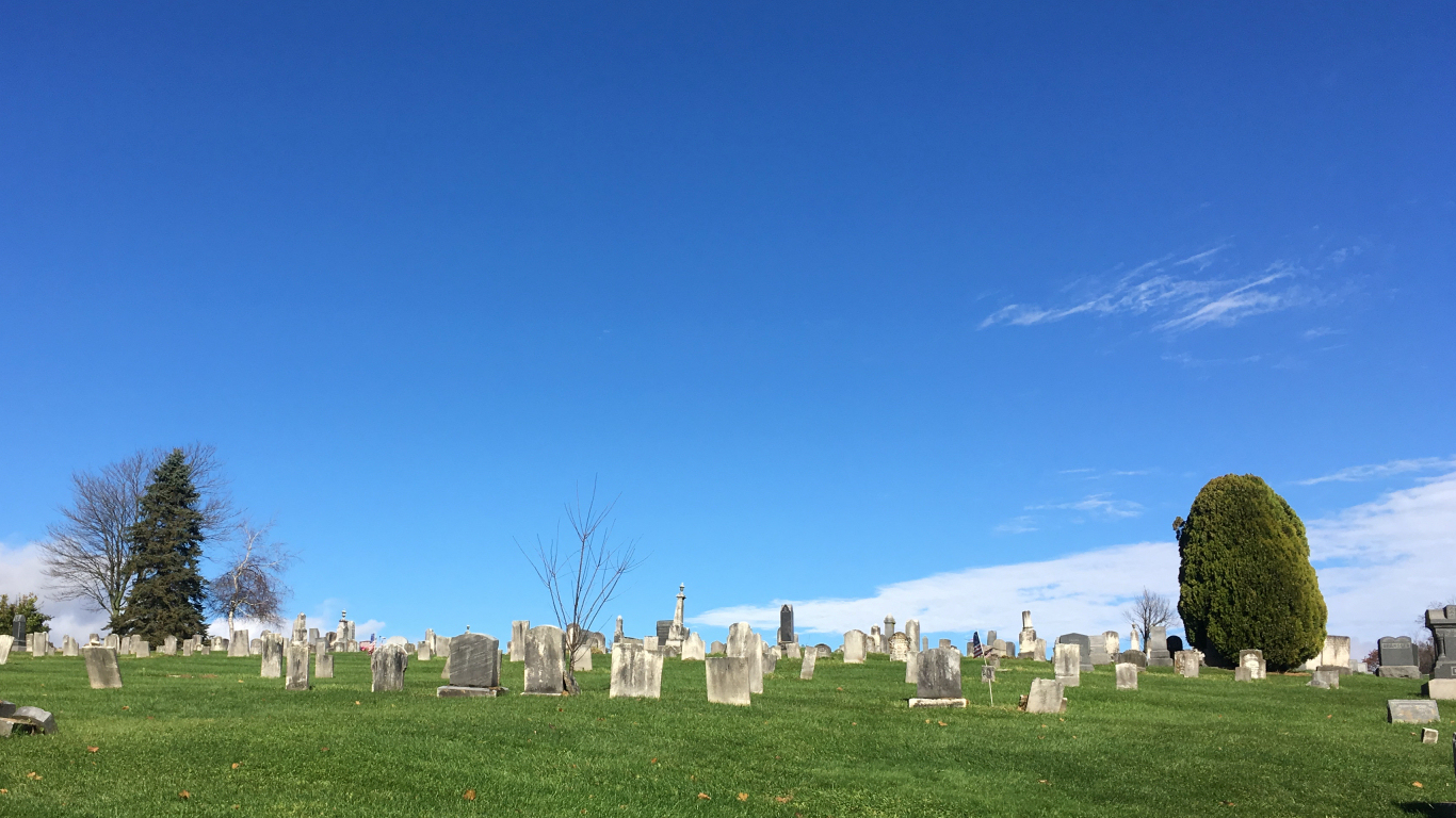 gravestones and a green grassy rise
              aginst a blue sky