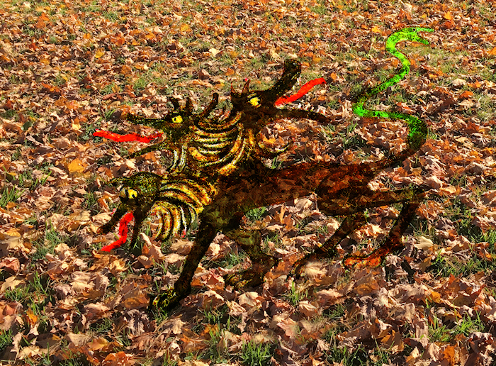 fantasy 3-headed Cerberus (dog) on a lawn of
              leaves