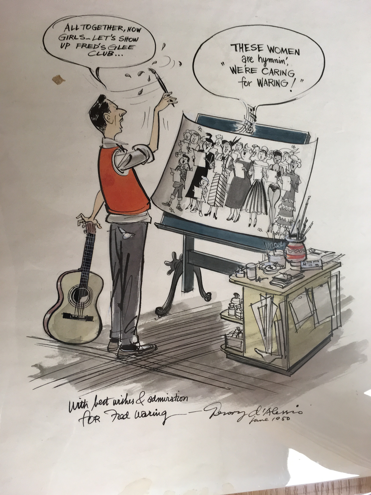 amazingly clever cartoon of the
                  cartoonist himself d'Alessio painting Fred's chorus
                  then conducting them as if he were Fred Waring