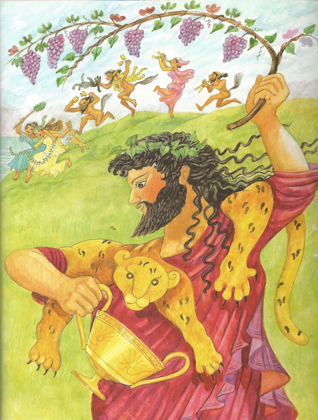 color drawing of Greek god Dionysus with
              dancing Maenads and Satyrs