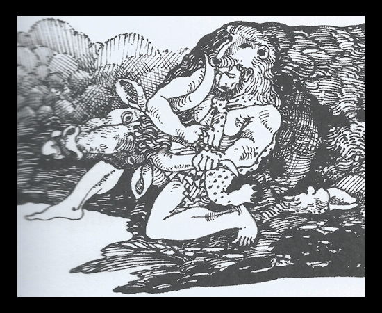 black and white line
                  drawing of Hercules in his lionskin hood and cape
                  wrestling the Cretan Bull into submission