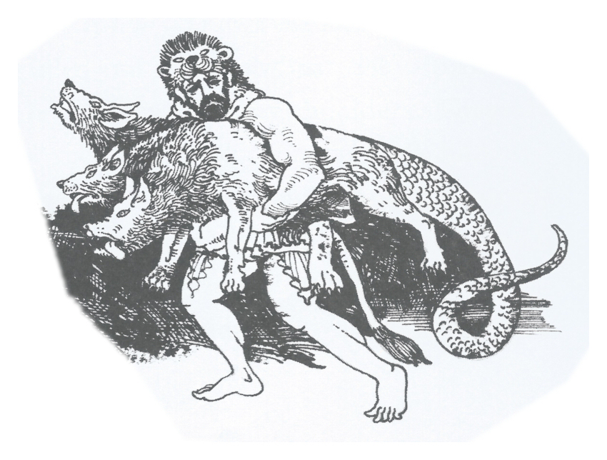 blacck and
              white line drawing of Greek hero Hercules in a lion skin
              wrestling a 3-headed dog into submission