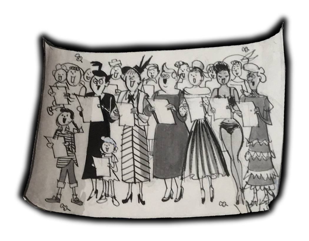 detail of a cartoon by d'Alessio showing a choir of
              ladies and girls about to compete with the Pennsylvanians