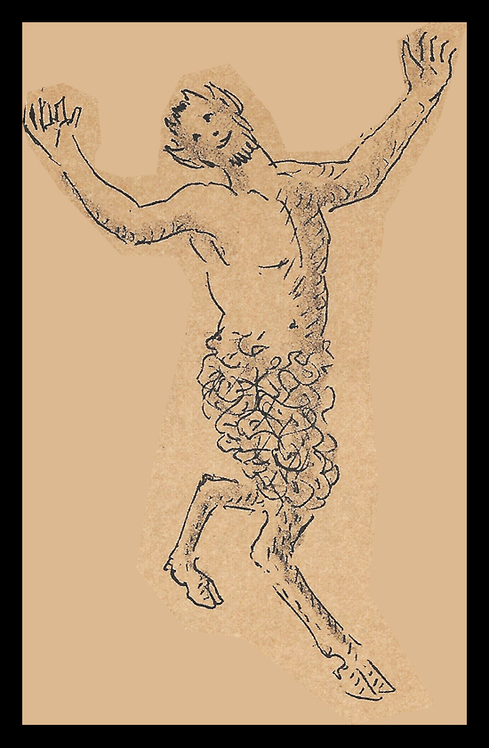 drawing of a satyr: goat ears, horns, goatee and goat
              hind parts on a man's body is a satyr, here dancing
              ecstatically