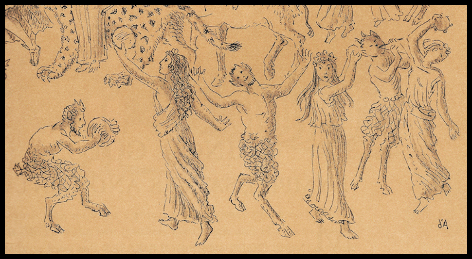 a scene of abandoned revelry from Ancient
              Greek mythology, Satyrs and Maenads singing, playing
              instruments and dancing