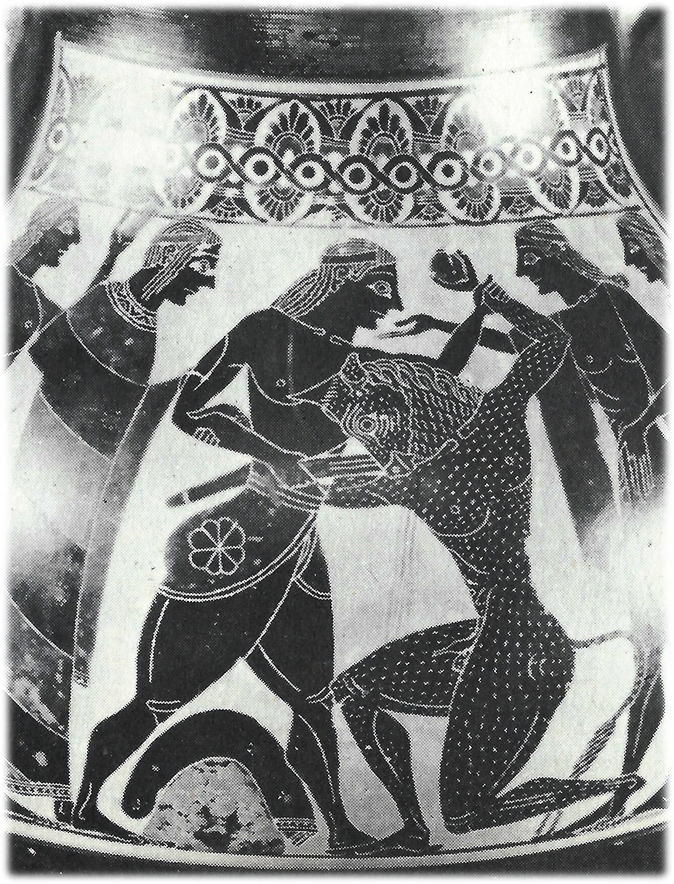 black and white photo of a portion of
              an ancient Greek vase showing Theseus slaying the Minotaur
              with a short sword