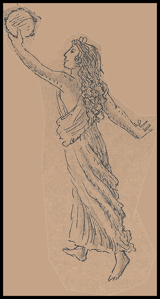 drawing of a maenad with tambourine, from
              D'Aulaire's Book of Greek Myths