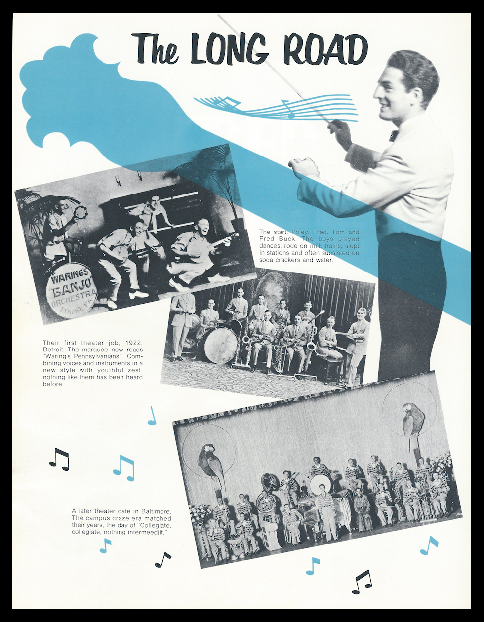 three black
                and white photos show the band's progress from 2 banjos
                with drums and piano to a Big Band for college balls,
                Fred Waring leading it all