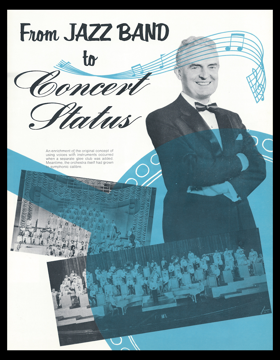 two black and white photos of Fred conducting huge
              orchestra/band ensembles with large chorus on stage