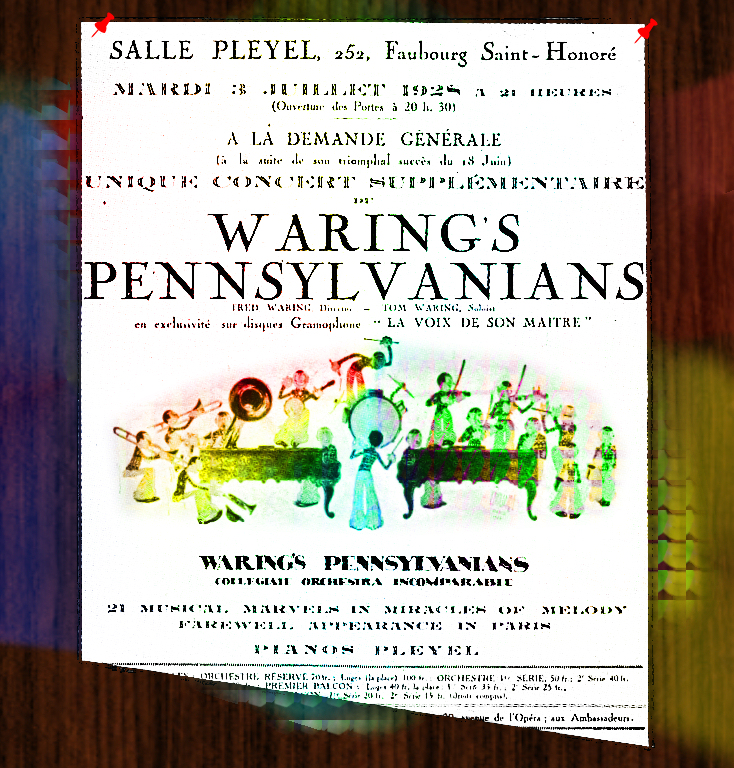 Paris street poster advertising Fred
        Waring and the Pennsylvanians in concert in the Salle Pleyel
        July 3 1928 includes a cartoon of the band by John Held