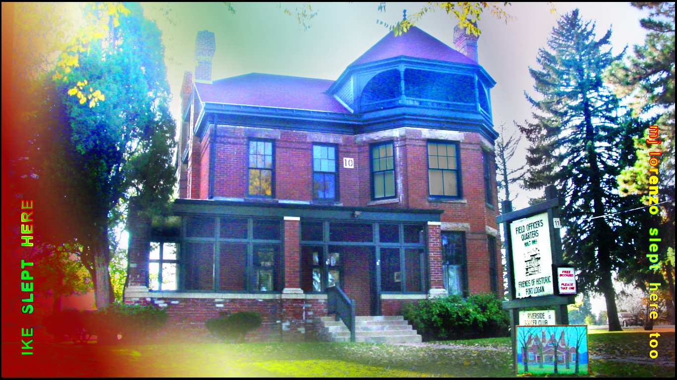 a photograph of an 1889 Victorian mansion at
            Fort Logan in Denver, Colorado, where President Eisenhower
            slept as a young officer and mj lorenzo slept later as a
            staff psychiatrist, after the US Army fort was converted
            into a Community Mental Health Center; on the photo is
            superimposed a 1976 oil painting of the house by Swedish
            painter Anders Garp, who skewed perspective to show side and
            front at once