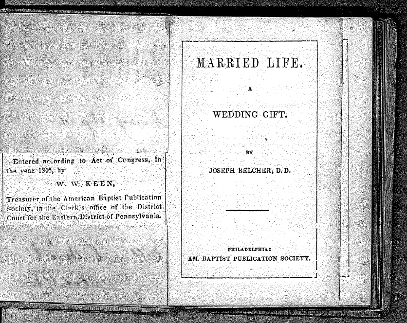 title page of 1846 marriage handbook that
                is now family heirloom