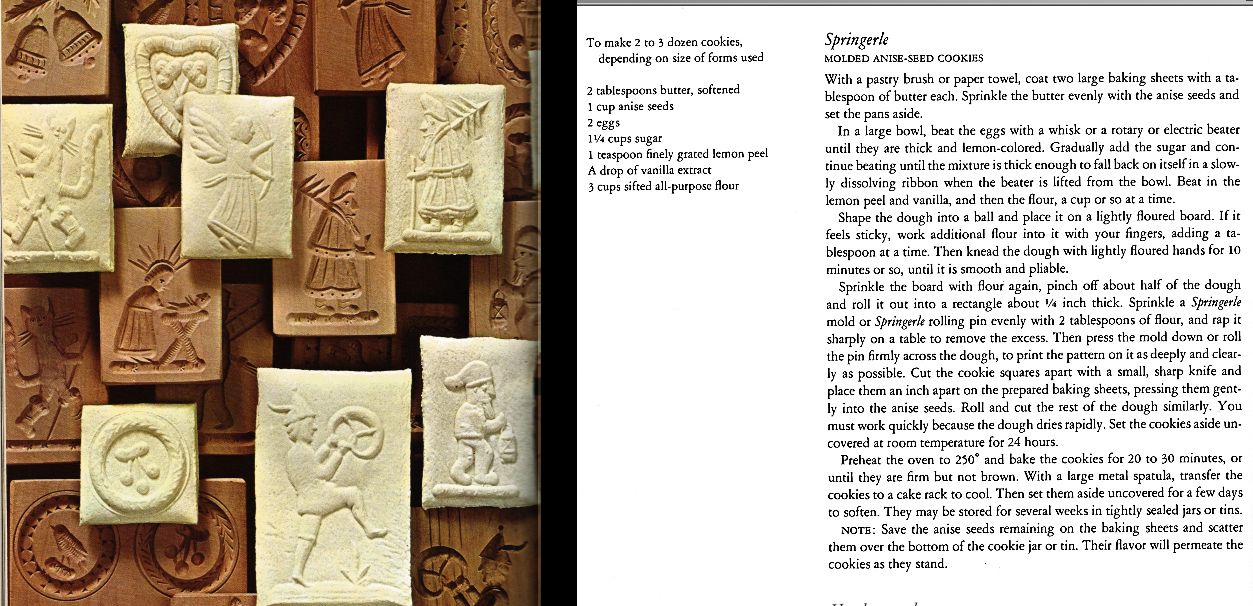 recipe for Springerle cookies; and photo of
                cookies and the German woodblocks used to stamp design
                onto the cookies