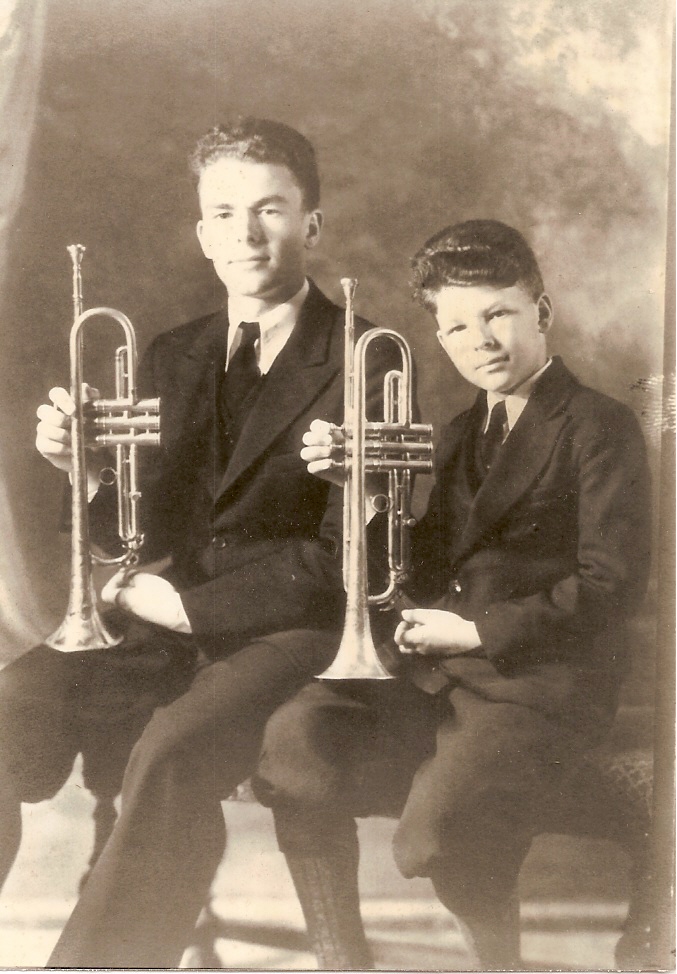 Lou Jr. and Eddie with trumpets, Eddie
                about 11 (ten-year age difference)